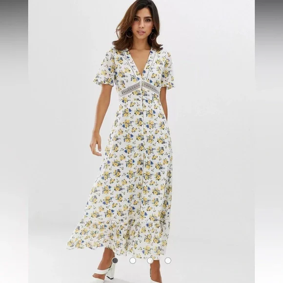 ASOS Lace Insert Button Through Maxi Tea Dress In Ditsy Floral - Picture 1 of 5